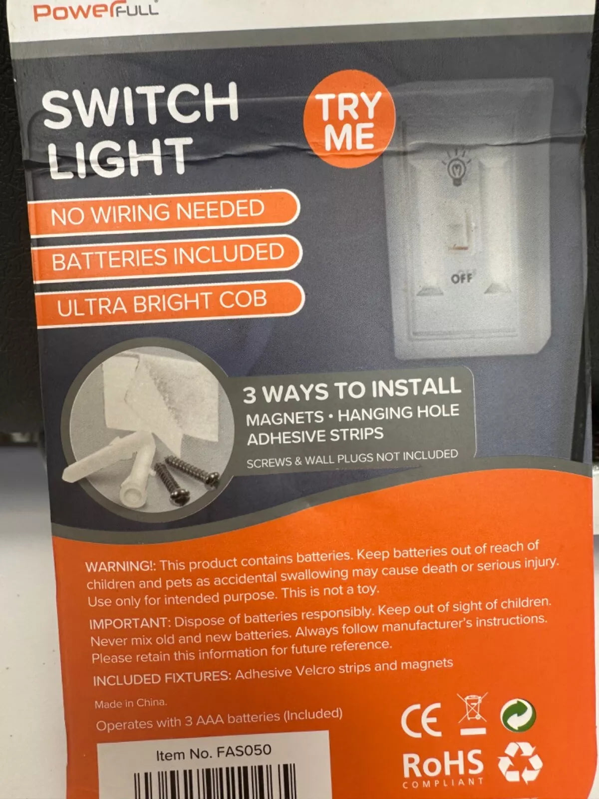 LED SWITCH LIGHT WHITE 3W BATTERY POWERED EASY TO USE 120 LUMEN LIGHT CORDLESS