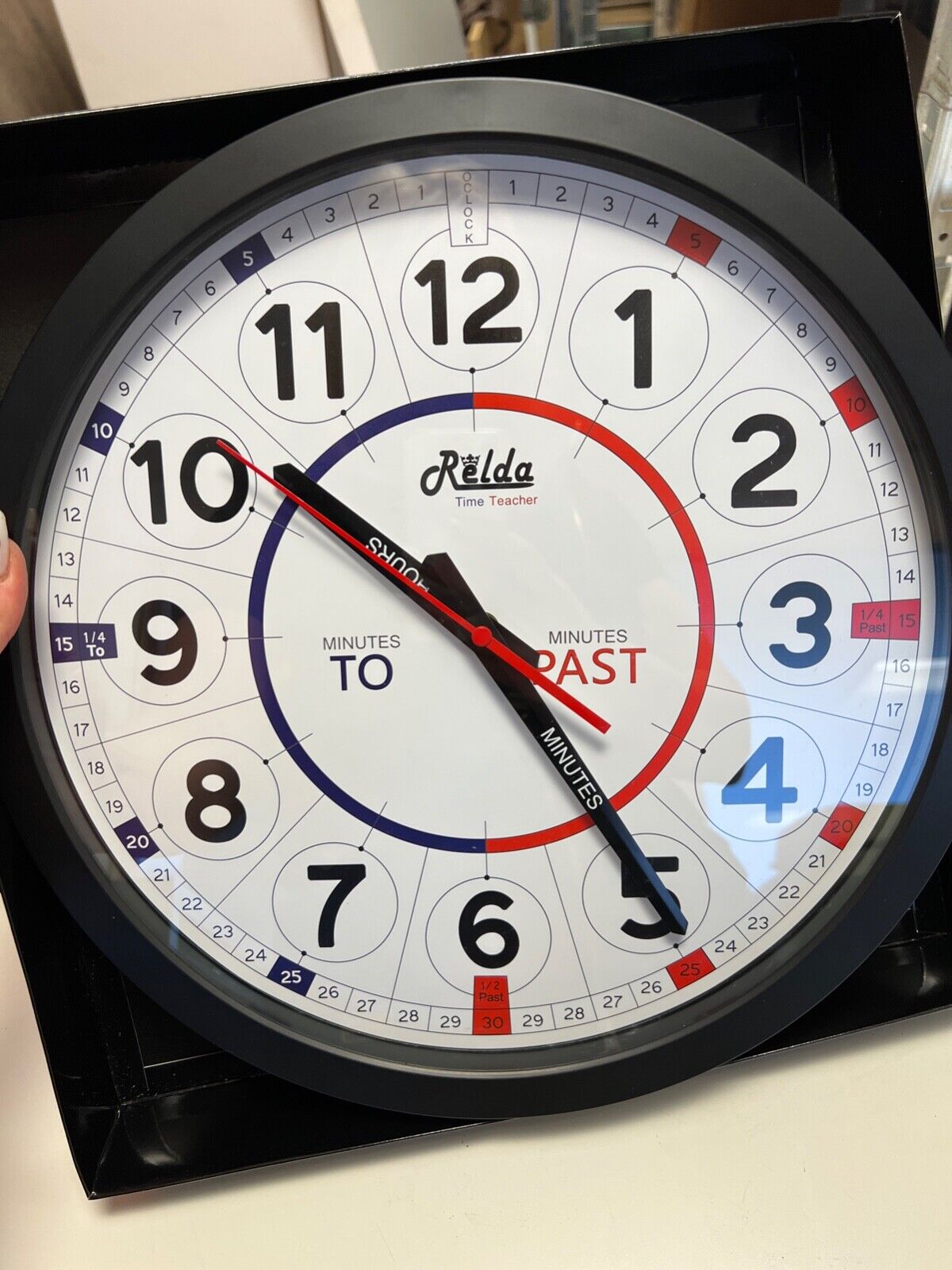 RELDA CLOCK ROUND TIME TEACHER 34CM DIAMETER BLACK WHITE AND RED WALL HANGING