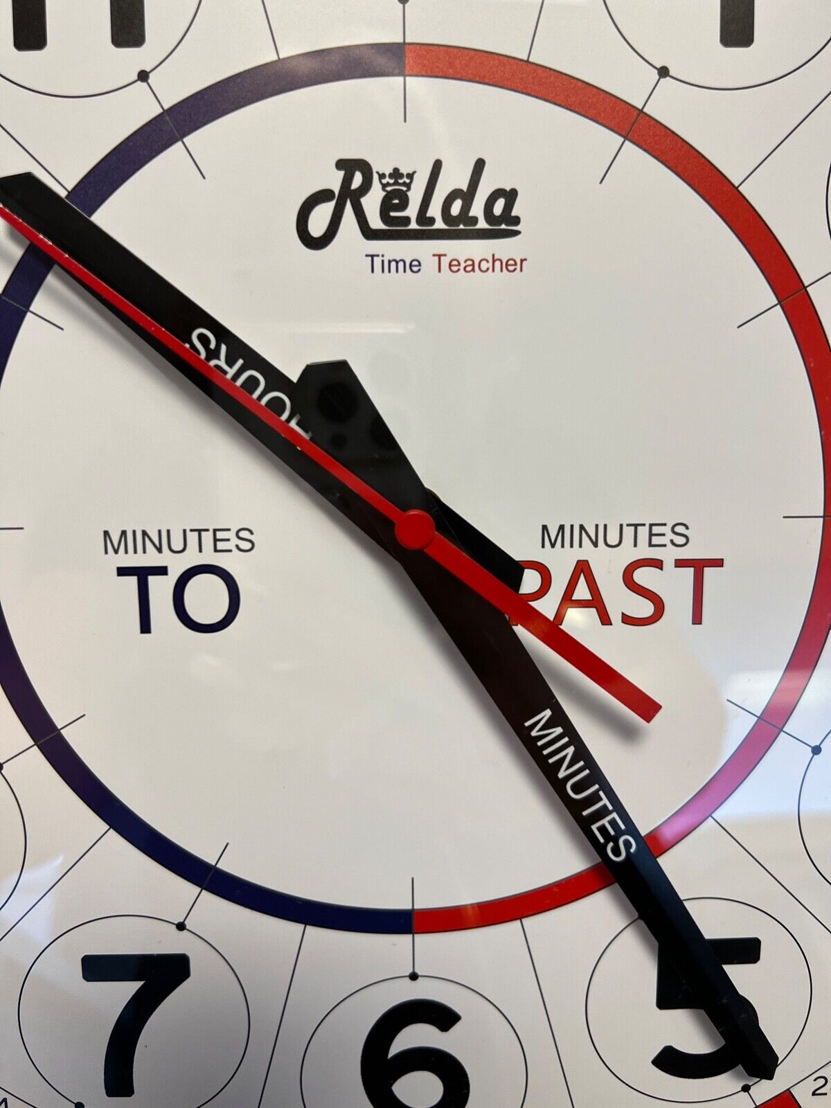 RELDA CLOCK ROUND TIME TEACHER 34CM DIAMETER BLACK WHITE AND RED WALL HANGING