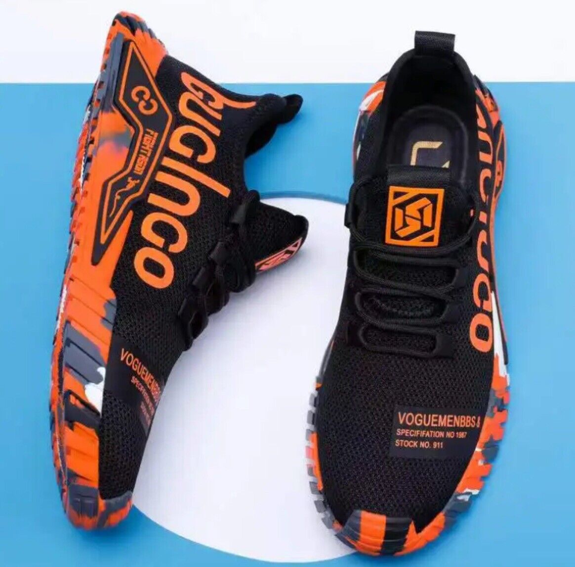 GUGLNGO FLY KNIT MEN'S BLACK & ORANGE/YELLOW/GREEN SKATER RUNNING CASUAL TRAINER