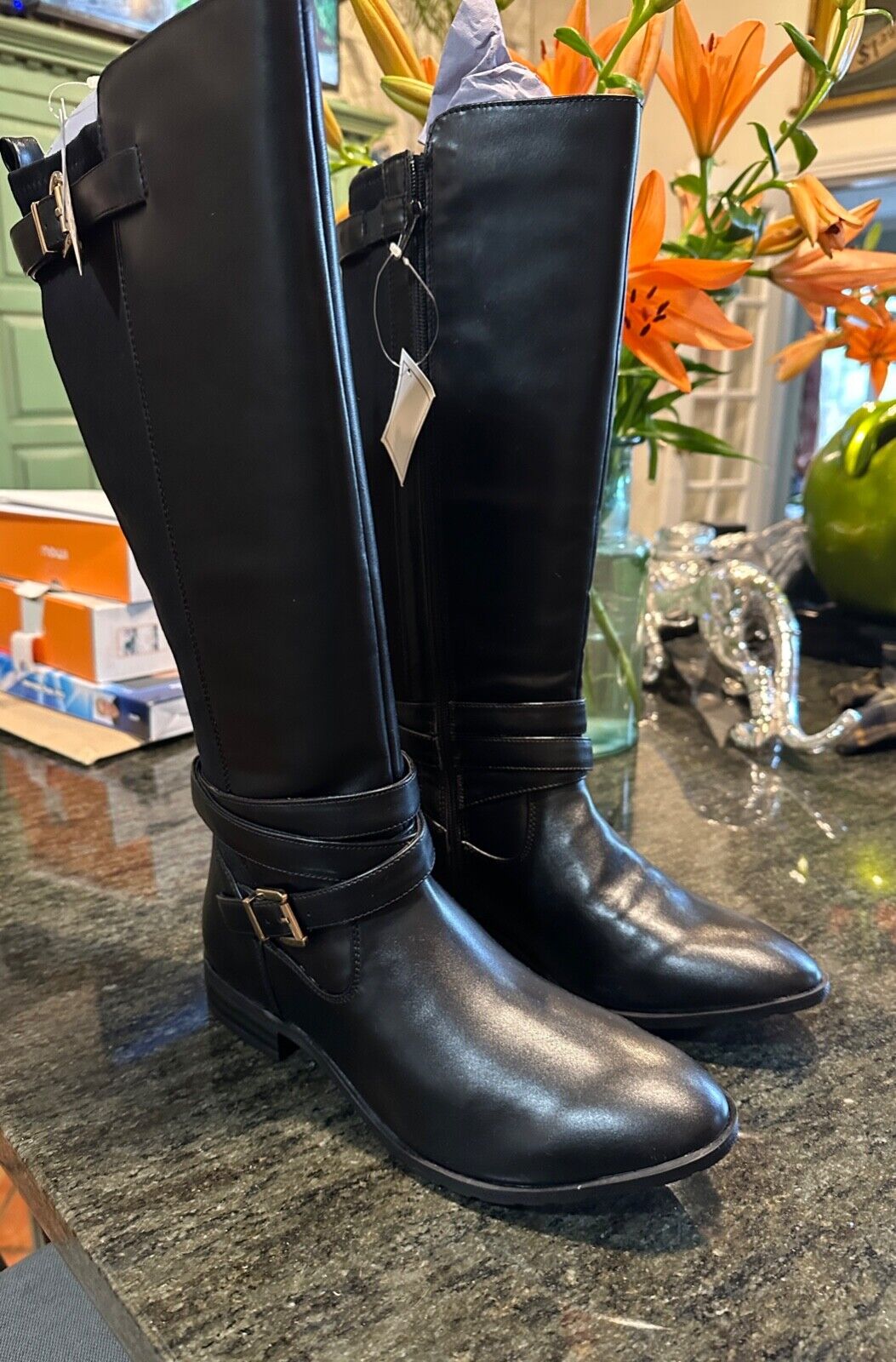 BLACK JD WILLIAMS & CO LEATHER FAUX KNEE LENGTH STANDARD CALF BOOTS NEW SIZE 6