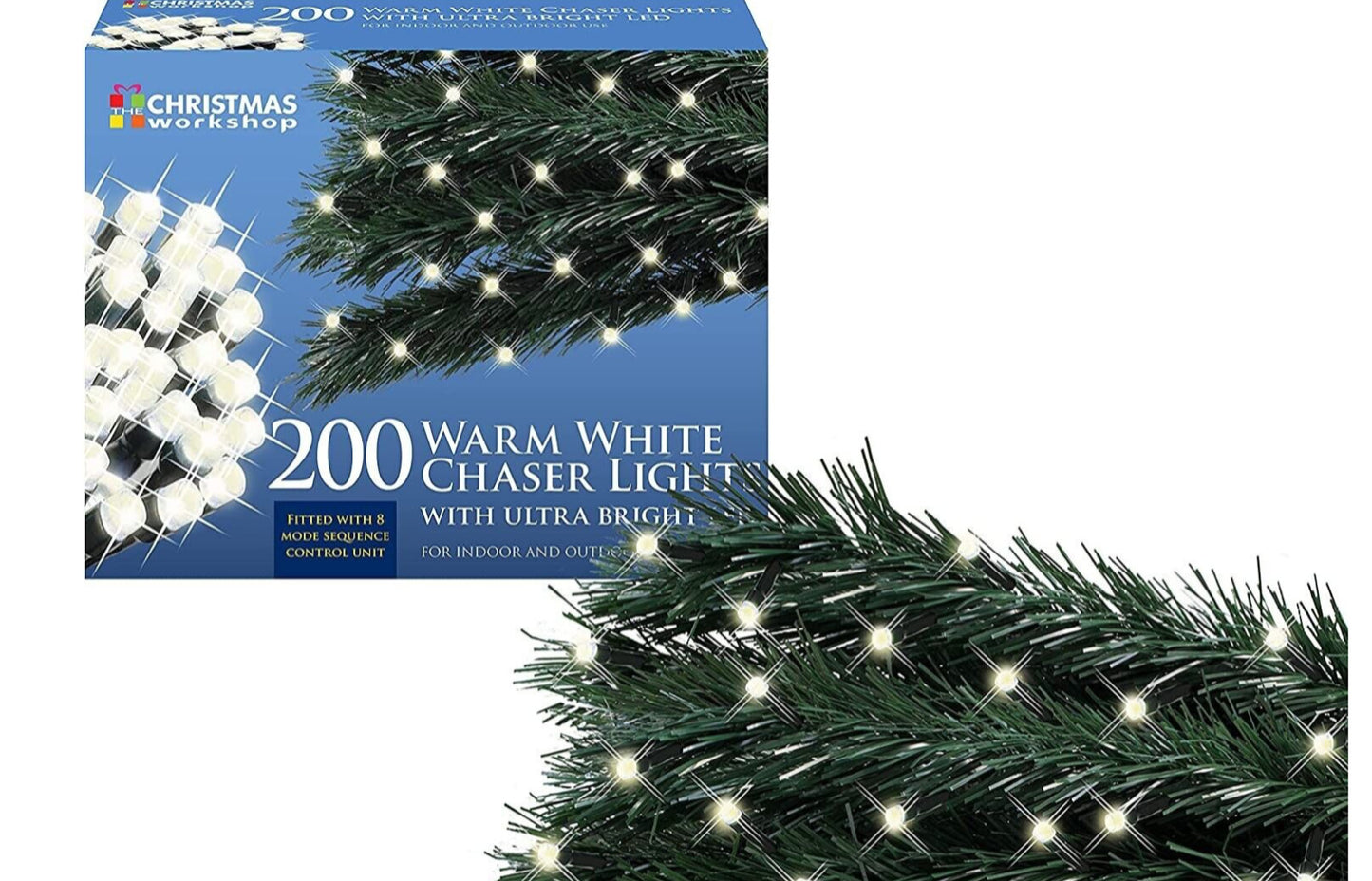 THE CHRISTMAS WORKSHOP LED WARM CHASER LIGHTS 200 IN/OUT STRING LIGHTS 8 MODES