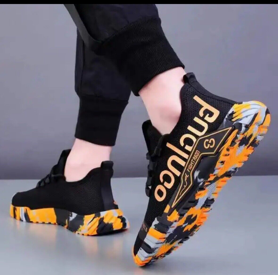GUGLNGO FLY KNIT MEN'S BLACK & ORANGE/YELLOW/GREEN SKATER RUNNING CASUAL TRAINER