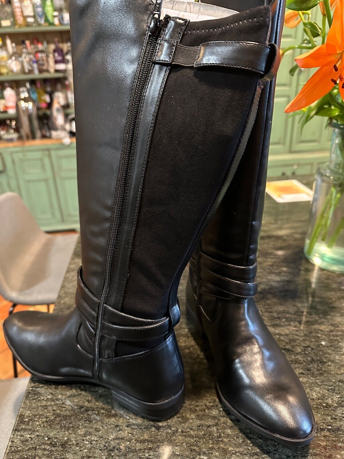 BLACK JD WILLIAMS & CO LEATHER FAUX KNEE LENGTH STANDARD CALF BOOTS NEW SIZE 6