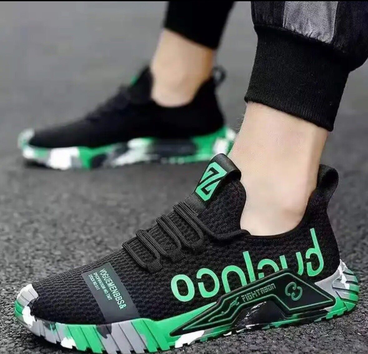 GUGLNGO FLY KNIT MEN'S BLACK & ORANGE/YELLOW/GREEN SKATER RUNNING CASUAL TRAINER
