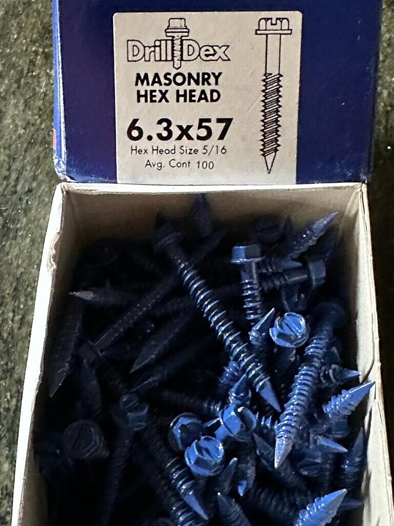 6.3 X 57 MM BLUE HEXAGON HEAD 5/16 MASONRY SCREWS - 100 PACK NEW DRILL DEX