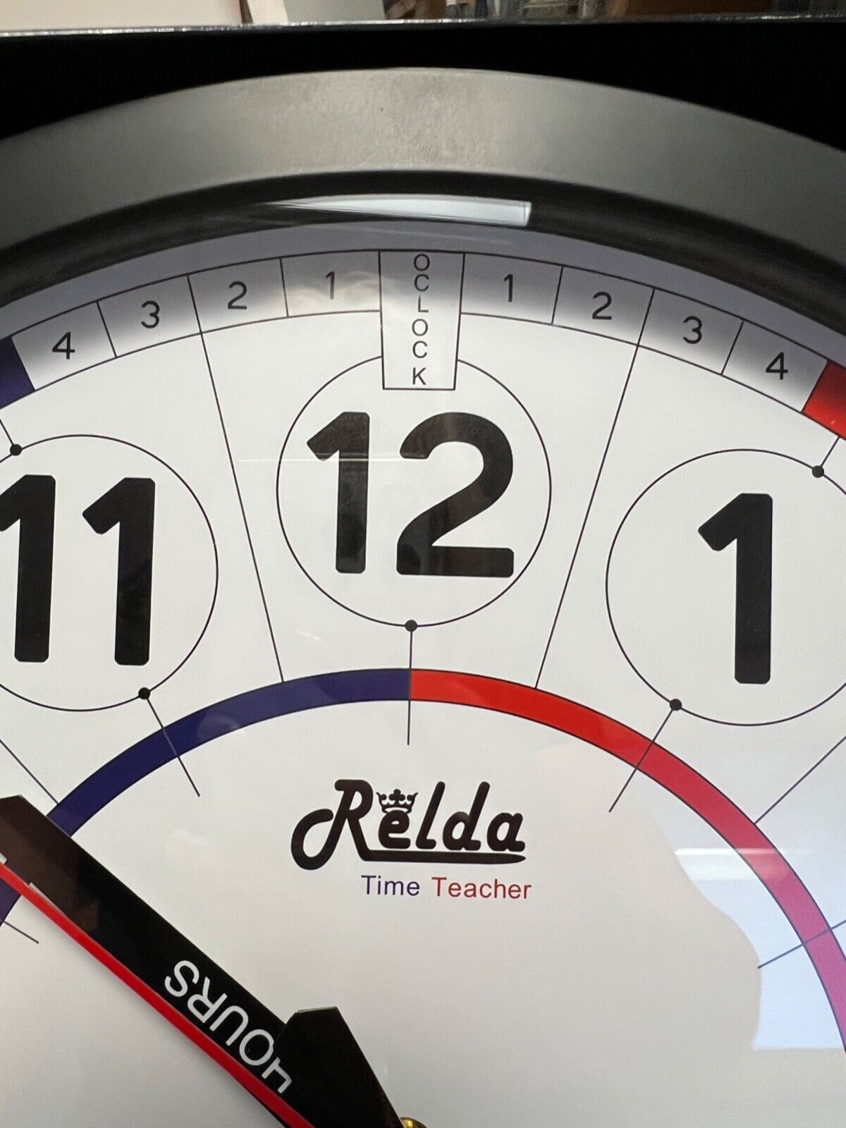 RELDA CLOCK ROUND TIME TEACHER 34CM DIAMETER BLACK WHITE AND RED WALL HANGING