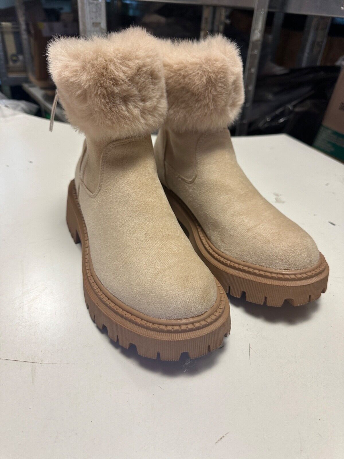 BEIGE SUEDE CHUNKY ANKLE BOOTS FUR ANKLE LADIES WOMEN SIZE UK 6 NEW