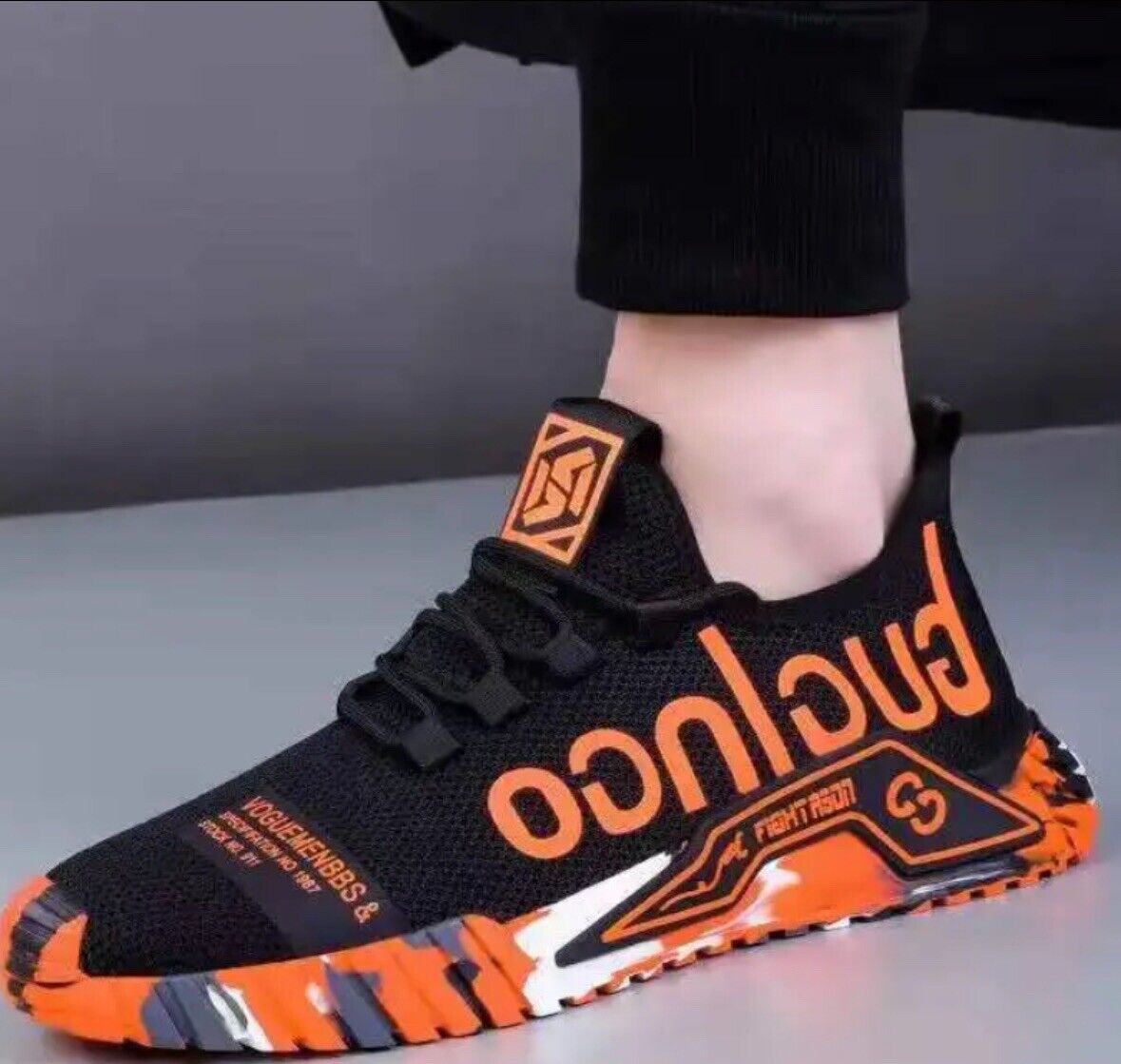 GUGLNGO FLY KNIT MEN'S BLACK & ORANGE/YELLOW/GREEN SKATER RUNNING CASUAL TRAINER