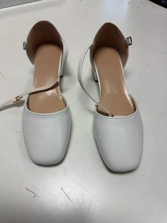 LADIES WHITE LOW CHUNKY HEEL ANKLE STRAP SMART BALLERINAS COURT SHOES SIZE 4.5UK