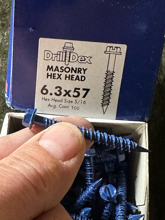 6.3 X 57 MM BLUE HEXAGON HEAD 5/16 MASONRY SCREWS - 100 PACK NEW DRILL DEX