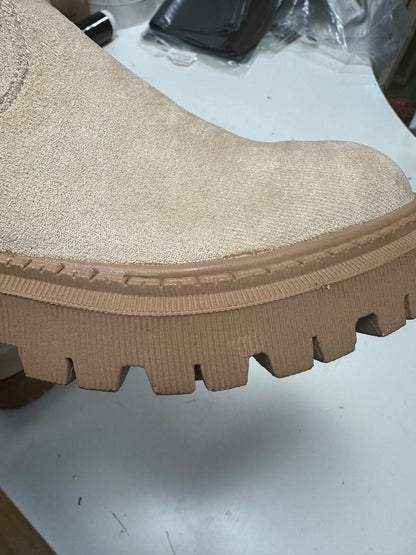 BEIGE SUEDE CHUNKY ANKLE BOOTS FUR ANKLE LADIES WOMEN SIZE UK 6 NEW