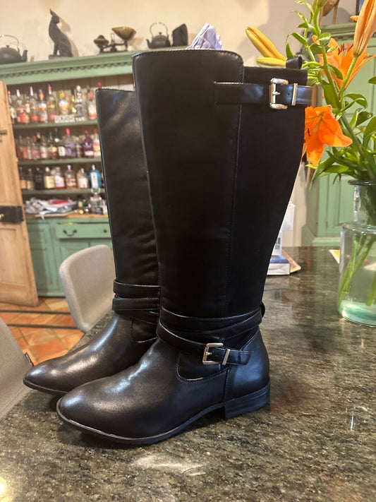 BLACK JD WILLIAMS & CO LEATHER FAUX KNEE LENGTH CALF BOOTS NEW SNUG SIZE 7
