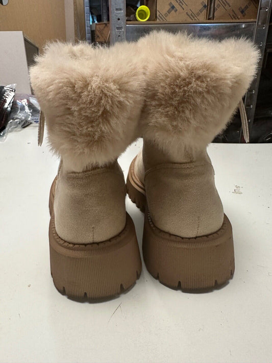 BEIGE SUEDE CHUNKY ANKLE BOOTS FUR ANKLE LADIES WOMEN SIZE UK 6 NEW